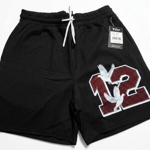 Men's Black Athletic Shorts with Red '12' Graphic and White Doves- L